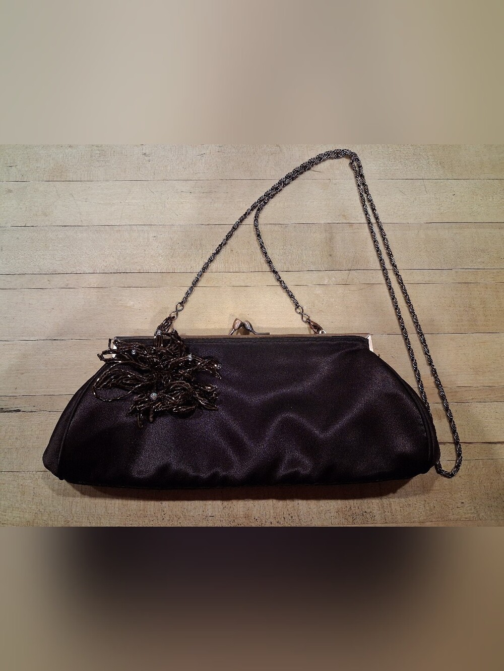 Carlo Fellini Brown Satin Evening Clutch with Chain